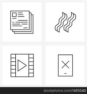 Isolated Symbols Set of 4 Simple Line Icons of documents, remove, bacon, movie, phone Vector Illustration