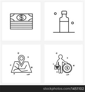 Isolated Symbols Set of 4 Simple Line Icons of dollar, coin, beverage, navigation, money Vector Illustration