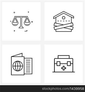 Isolated Symbols Set of 4 Simple Line Icons of justice, holiday, Libra, house, first aid Vector Illustration