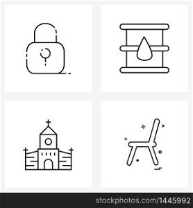 Isolated Symbols Set of 4 Simple Line Icons of lock, cathedral, barrel, oil industry, chair Vector Illustration