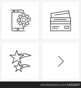 Isolated Symbols Set of 4 Simple Line Icons of smart phone setting, decorations, card, payment, media Vector Illustration