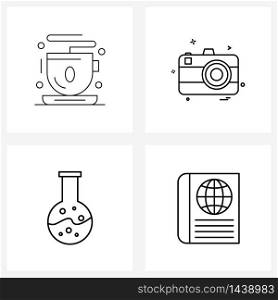 Isolated Symbols Set of 4 Simple Line Icons of tea, book, photo, chemical beaker, study Vector Illustration