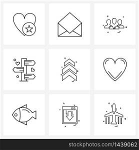 Isolated Symbols Set of 9 Simple Line Icons of arrows, row, group, love, direction Vector Illustration