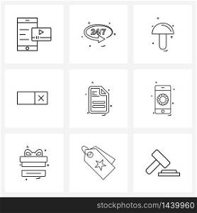 Isolated Symbols Set of 9 Simple Line Icons of document, file, food, interface, cross Vector Illustration