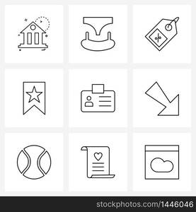 Isolated Symbols Set of 9 Simple Line Icons of gym, id card, tag, mark, favorite Vector Illustration