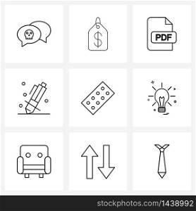 Isolated Symbols Set of 9 Simple Line Icons of learn, draw, pdf, colors, pen Vector Illustration
