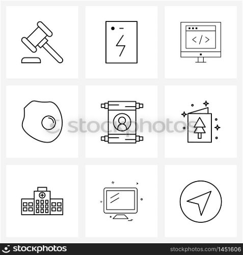 Isolated Symbols Set of 9 Simple Line Icons of marketing, annual, code, meal, fry egg Vector Illustration