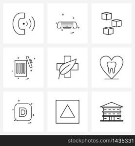 Isolated Symbols Set of 9 Simple Line Icons of medicine, leaf, ice, medical, bin Vector Illustration