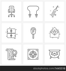 Isolated Symbols Set of 9 Simple Line Icons of message, parking, cricket, meter, cupboard Vector Illustration