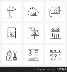 Isolated Symbols Set of 9 Simple Line Icons of online, mobile, interior, dollar, medicine Vector Illustration