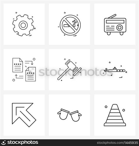 Isolated Symbols Set of 9 Simple Line Icons of order of court, justice, radio, hammer of justice, transfer Vector Illustration