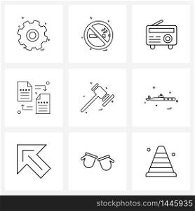 Isolated Symbols Set of 9 Simple Line Icons of order of court, justice, radio, hammer of justice, transfer Vector Illustration