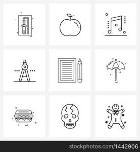 Isolated Symbols Set of 9 Simple Line Icons of pen, process, musical, measuring, divider Vector Illustration