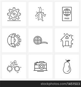 Isolated Symbols Set of 9 Simple Line Icons of recording, movie, travel, movie making, globe Vector Illustration
