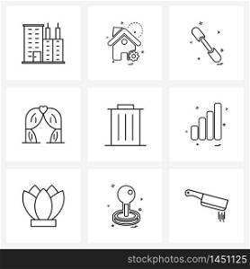 Isolated Symbols Set of 9 Simple Line Icons of recycle, bin, game, decoration, curtain Vector Illustration