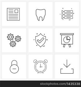 Isolated Symbols Set of 9 Simple Line Icons of shield, gear, tooth, setting, user interface Vector Illustration