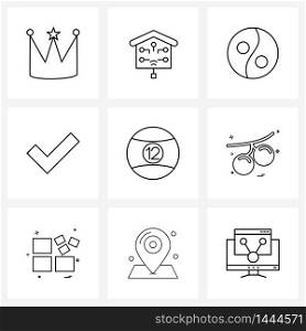 Isolated Symbols Set of 9 Simple Line Icons of snooker, pool ball, baseball, ok, tick Vector Illustration