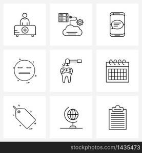 Isolated Symbols Set of 9 Simple Line Icons of tooth, sad, message, emotion, emoji Vector Illustration