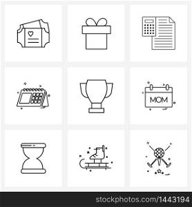 Isolated Symbols Set of 9 Simple Line Icons of trophy, achievement, finance, year, date Vector Illustration