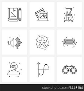 Isolated Symbols Set of 9 Simple Line Icons of user interface, vole, graduation, sound, user interface Vector Illustration