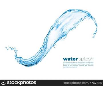 Isolated transparent clean water wave swirl with drops. 3d vector splash of blue liquid on white background, clear aqua or drink water abstract splatter with realistic ripple and falling drops. Isolated transparent clean water wave swirl