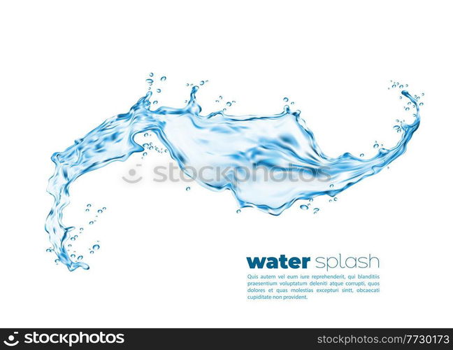 Isolated transparent water splash swirl with pouring wave, vector realistic background. Water pour with splashing drops, liquid blue clear aqua with water droplets of clean drink and flowing spill. Isolated transparent water splash swirl, pour wave