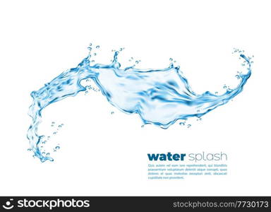 Isolated transparent water splash swirl with pouring wave, vector realistic background. Water pour with splashing drops, liquid blue clear aqua with water droplets of clean drink and flowing spill. Isolated transparent water splash swirl, pour wave