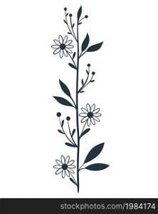 Isolated twig with leaves and flowers doodle style. Floral botanical branch, decoration for cards and design. Natural decorative element, vector illustration.. Isolated twig with leaves and flowers doodle style.
