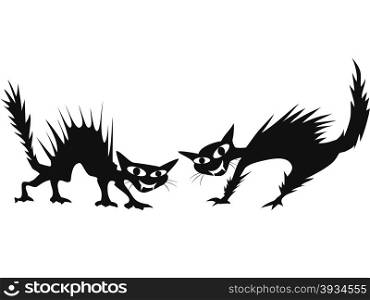 isolated two black cartoon scary cats on white background