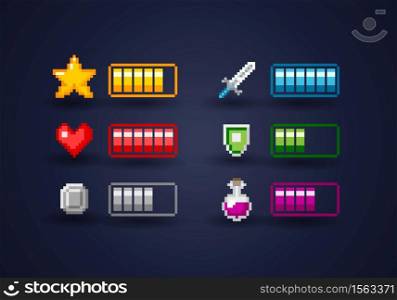 Isolated Vecor Pixel Art Video Game Interface Icon Set