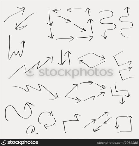 Isolated vector hand drawn arrows set on light background