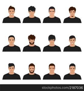 isolated vector illustration of man face, portrait, avatars, people heads with diffrent hairstyle. vector man head, male person face portrait, character, user, team icon