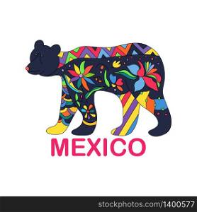 Isolated vector image of Mexican animal. Black bear traditional Mexican animal in colorful colors and flowers. Vector illustration.. Isolated vector image of Mexican animal. Black bear traditional