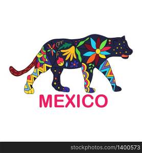 Isolated vector image of Mexican animal. Jaguar traditional Mexican animal in colorful colors and flowers. Vector illustration.. Isolated vector image of Mexican animal. Jaguar traditional Mexi