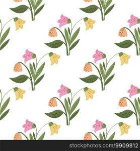 Isolated vintage flowers seamless pattern. Doodle simple botanic ornament in pink and yellow buds. White background. Designed for fabric design, textile print, wrapping, cover. Vector illustration.. Isolated vintage flowers seamless pattern. Doodle simple botanic ornament in pink and yellow buds. White background.
