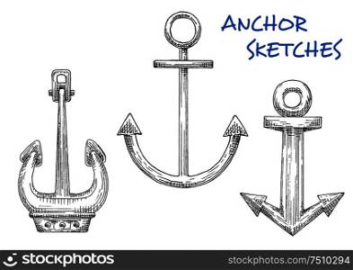 Isolated vintage marine anchors in sketch style. For adventure, sea journey theme or tattoo design usage.. Isolated vintage marine anchors in sketch style