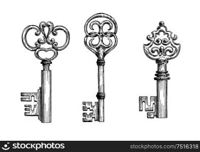Isolated vintage medieval key skeletons in sketch style. For history, security concept or decoration design. Vintage medieval keys sketches set