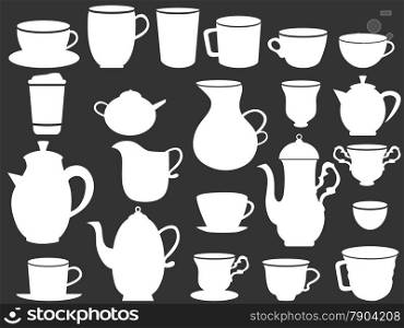 isolated white coffee and tea cups silhouettes from black background