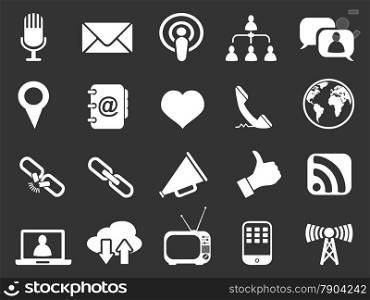 isolated white communication icons set on black background