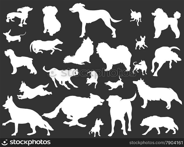 isolated white dogs silhouettes set from black background