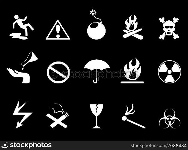 isolated white Symbols - Hazard warning icons set on black background