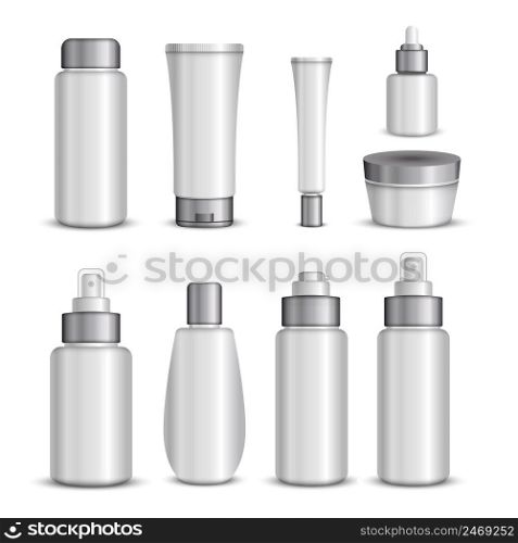 Isolated white with silver plastic tubes packaging set with shadows for cosmetics creams lotions and foam vector illustration. Cosmetics Packaging Set