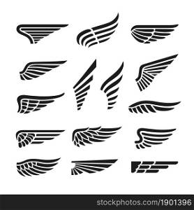 Isolated wings icons. Vintage wing, retro air elements. Isolated black abstract eagle, bird or plane parts, aviation or freedom tidy vector symbols. Illustration wing silhouette label, insignia flying. Isolated wings icons. Vintage wing, retro air elements. Isolated black abstract eagle, bird or plane parts, aviation or freedom tidy vector symbols