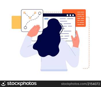 Isolated woman and abstract charts. Girl programming web site, developer character. Business vector concept. Illustration of woman and chart information. Isolated woman and abstract charts. Girl programming web site, developer character. Business vector concept