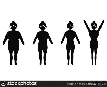 isolated woman from fat to thin, weight loss silhouettes on white background