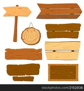 Isolated wooden planks. Cartoon planked sign, wood board banners. Hanging signboard, old rustic panel and road pointer recent. Vector game elements set. Illustration wood billboard, empty panel banner. Isolated wooden planks. Cartoon planked sign, wood board banners. Hanging signboard, old rustic panel and road pointer recent. Vector game elements set