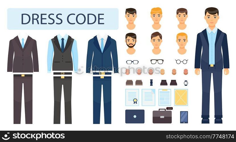 Isolated young guy in formal suit. Collection of office worker or businessman. Dresscode constructor, different faces, eyeglasses, skin color, clock, documents, reports, suitcase, diplomat, smartphone. Set of elements businessman, dresscode, suits, eyeglasses, types of character, smartphone, man faces