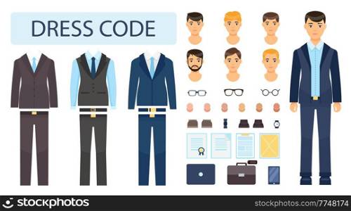Isolated young guy in formal suit. Collection of office worker or businessman. Dresscode constructor, different faces, eyeglasses, skin color, clock, documents, reports, suitcase, diplomat, smartphone. Set of elements businessman, dresscode, suits, eyeglasses, types of character, smartphone, man faces
