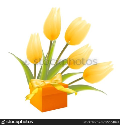Isolation gift and white tulips. Vector illustration.