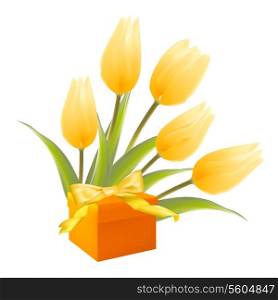 Isolation gift and white tulips. Vector illustration.